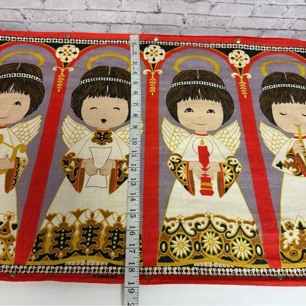 Vintage IRISH LINEN Angels Singing CHERUBS Wall Hanging Gray Tassels 30in RARE